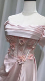 Sweet Pink Off-the-shoulder A-Line Satin Long Evening Dresses Sweet 16 Prom Dresses HZ1108