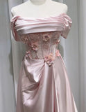 Sweet Pink Off-the-shoulder A-Line Satin Long Evening Dresses Sweet 16 Prom Dresses HZ1108
