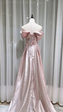 Sweet Pink Off-the-shoulder A-Line Satin Long Evening Dresses Sweet 16 Prom Dresses HZ1108