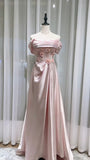 Sweet Pink Off-the-shoulder A-Line Satin Long Evening Dresses Sweet 16 Prom Dresses HZ1108