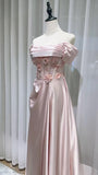 Sweet Pink Off-the-shoulder A-Line Satin Long Evening Dresses Sweet 16 Prom Dresses HZ1108