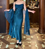 Elegant Gothic Spaghetti Straps Party Dresses Vintage Teal Glitter Satin Evening Dresses HZ1108