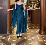 Elegant Gothic Spaghetti Straps Party Dresses Vintage Teal Glitter Satin Evening Dresses HZ1108