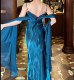 Elegant Gothic Spaghetti Straps Party Dresses Vintage Teal Glitter Satin Evening Dresses HZ1108