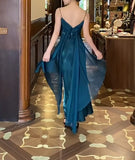 Elegant Gothic Spaghetti Straps Party Dresses Vintage Teal Glitter Satin Evening Dresses HZ1108