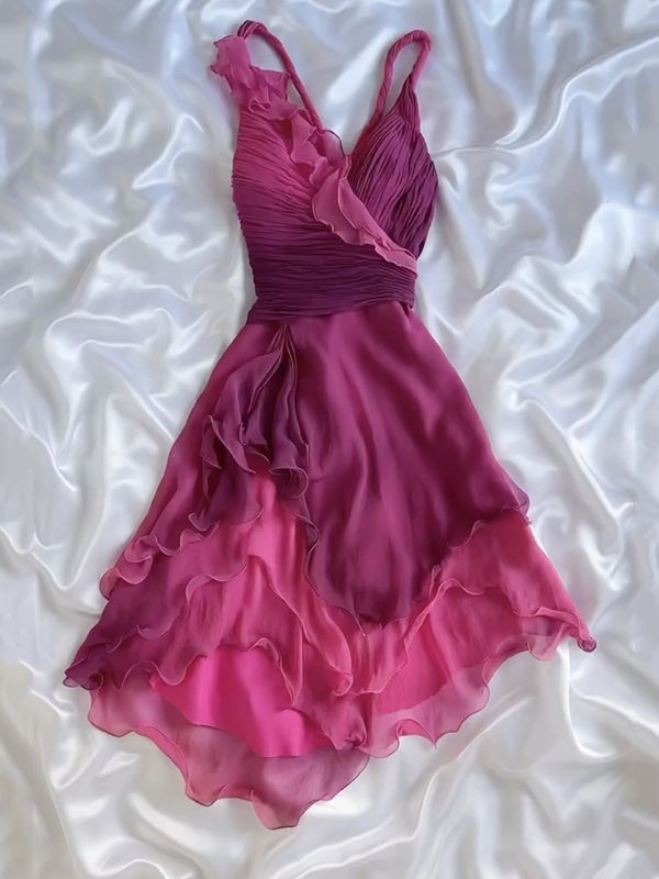 Fairytale Gothic V-neck A-Line Chiffon Party Dress Vintage Gradient Pink Short Prom Dress HZ1108