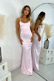 Simple Pink Satin Mermaid Spaghetti Straps Evening Dress Sexy Backless Prom Dress for Party HZ1108