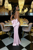 Gorgeous Mermaid Pink Backless Long Evening Dresses Spaghetti Straps Party Dresses with Bowknot HZ1108