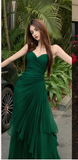 Elegant Mermaid Dark Green Sweetheart Tulle Long Prom Dresses Formal Evening Dresses with Rufflest HZ1108