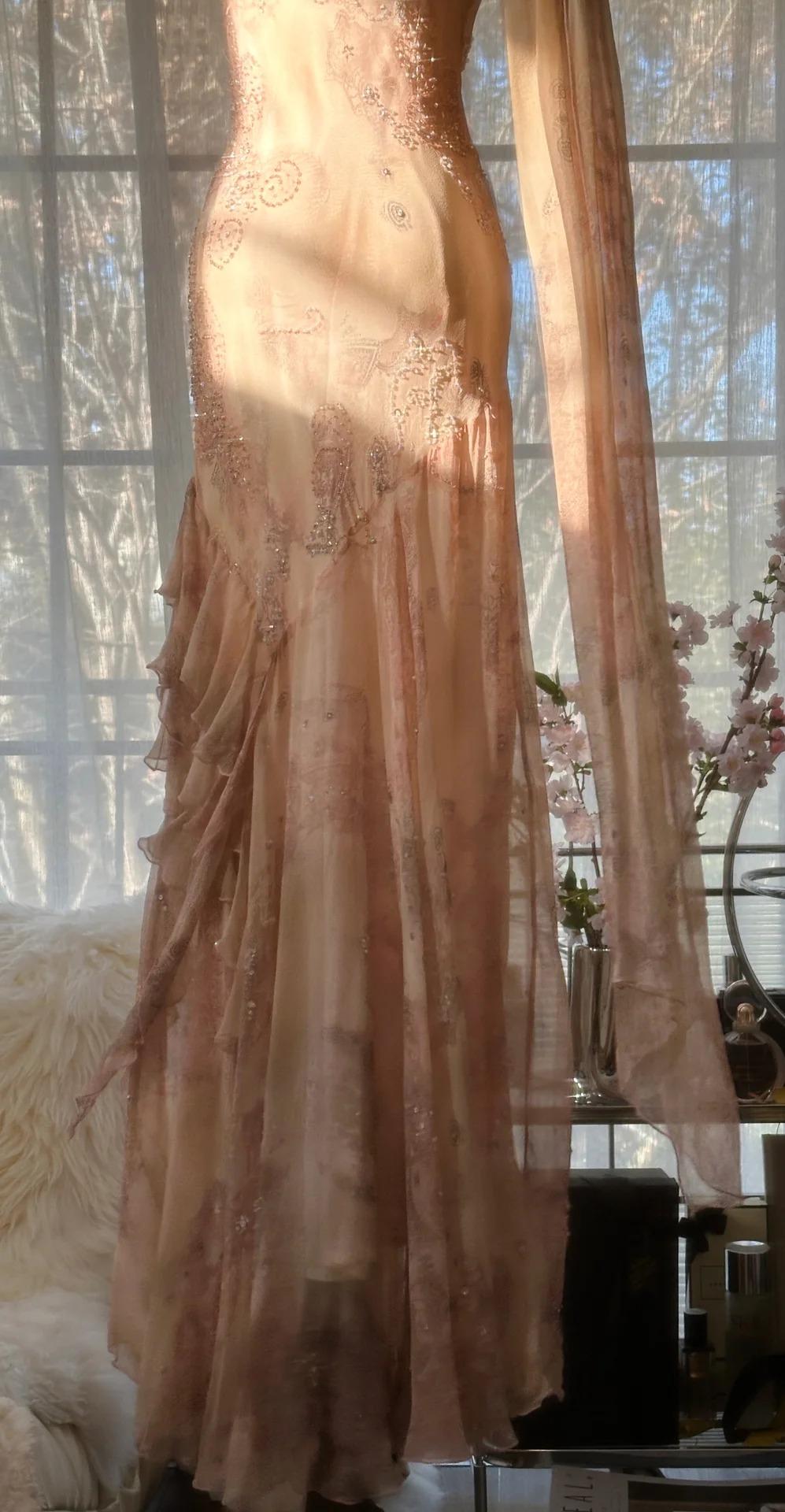 Vintage Spaghetti Straps Printed Chiffon Sheath Sparkling Beaded Evening Dress HZ1108