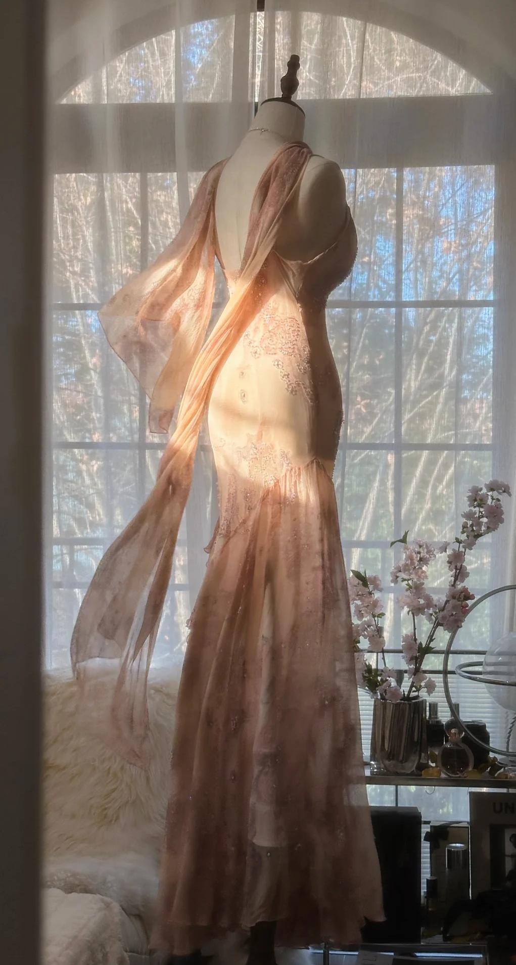 Vintage Spaghetti Straps Printed Chiffon Sheath Sparkling Beaded Evening Dress HZ1108