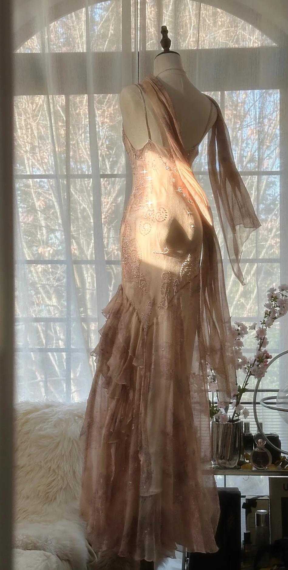 Vintage Spaghetti Straps Printed Chiffon Sheath Sparkling Beaded Evening Dress HZ1108