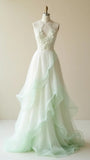 Gentle Gradient Light Green V neck A-Line Tulle Long Prom Dresses Sweet Beaded Applique Formal Evening Dress HZ1108