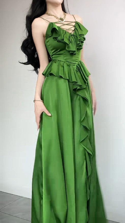 Elegant Sapphire Blue Spaghetti Strap Simple Satin V-Neck A-Line Party Dress HZ1108