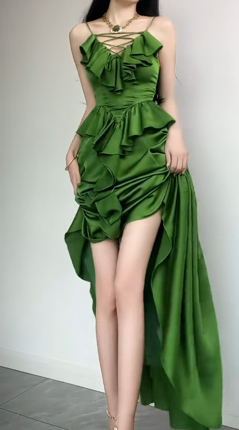 Elegant Sapphire Blue Spaghetti Strap Simple Satin V-Neck A-Line Party Dress HZ1108