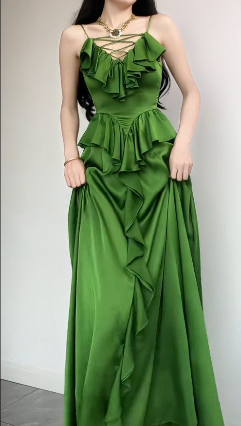 Elegant Sapphire Blue Spaghetti Strap Simple Satin V-Neck A-Line Party Dress HZ1108