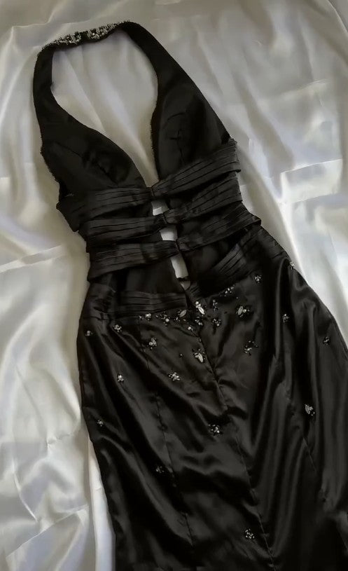 Elegant Black Deep V Neck Satin Mermaid Party Dresses Vintage Backless Beaded Evening Dress HZ1108