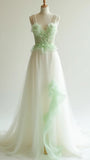 Fairtale White Tulle V-neck A-Line Long Prom Dresses with Beading Formal Evening Dress HZ1108