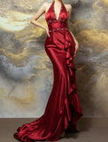 Gorgeous Burgundy Halter Satin Mermaid Train Prom Dresses Elegant Beaded Formal Evening Dress with Slit HZ1108
