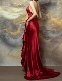 Gorgeous Burgundy Halter Satin Mermaid Train Prom Dresses Elegant Beaded Formal Evening Dress with Slit HZ1108