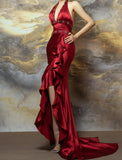 Gorgeous Burgundy Halter Satin Mermaid Train Prom Dresses Elegant Beaded Formal Evening Dress with Slit HZ1108