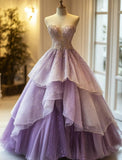 Sweet Gradient Purple Sweetheart Neck Tulle Beaded A-Line Long Prom Dress HZ1108