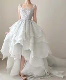 Fairytale Spaghetti Straps A-Line Open Back Chiffon Layered Train Wedding Dresses HZ1108