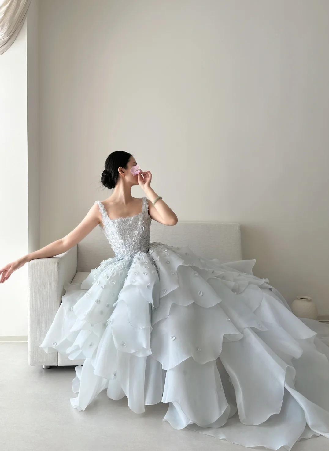 Fairytale Spaghetti Straps A-Line Open Back Chiffon Layered Train Wedding Dresses HZ1108