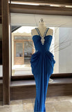 Gorgeous Blue V-neck Chiffon Bodycon Party Dresses Elegant Rhinestone Evening Dresses HZ1108