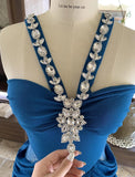 Gorgeous Blue V-neck Chiffon Bodycon Party Dresses Elegant Rhinestone Evening Dresses HZ1108