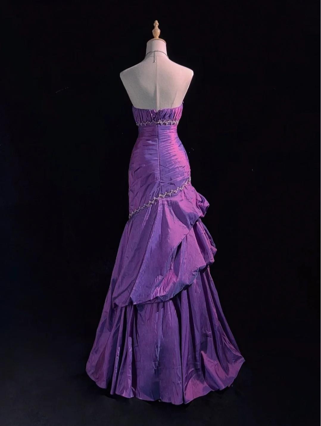 Glam Strapless Mermaid Taffeta Long Prom Dresses Purple Long Formal Dresses Elegant Evening Dresses with Beadings HZ1108