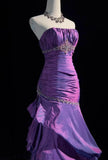 Glam Strapless Mermaid Taffeta Long Prom Dresses Purple Long Formal Dresses Elegant Evening Dresses with Beadings HZ1108