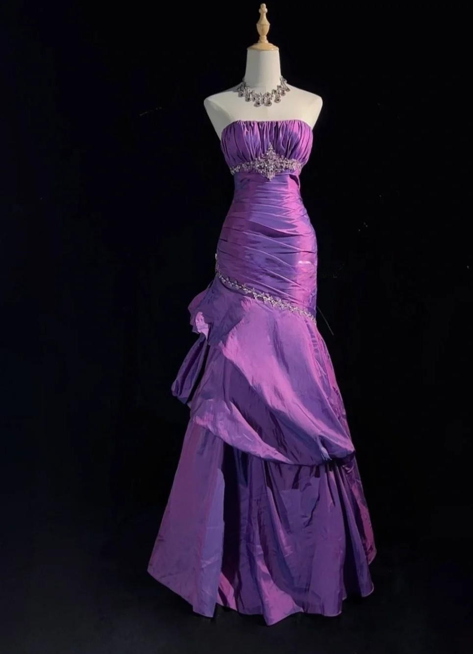 Glam Strapless Mermaid Taffeta Long Prom Dresses Purple Long Formal Dresses Elegant Evening Dresses with Beadings HZ1108