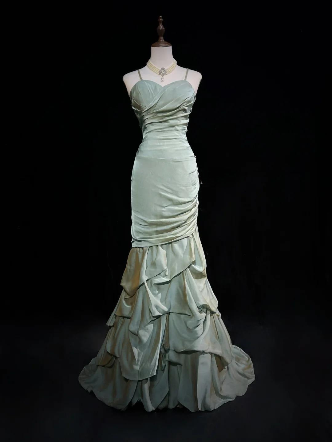 Forest Green Spaghetti Straps Mermaid Satin Long Prom Dresses Sweet 16 Formal Evening Dresses HZ1108