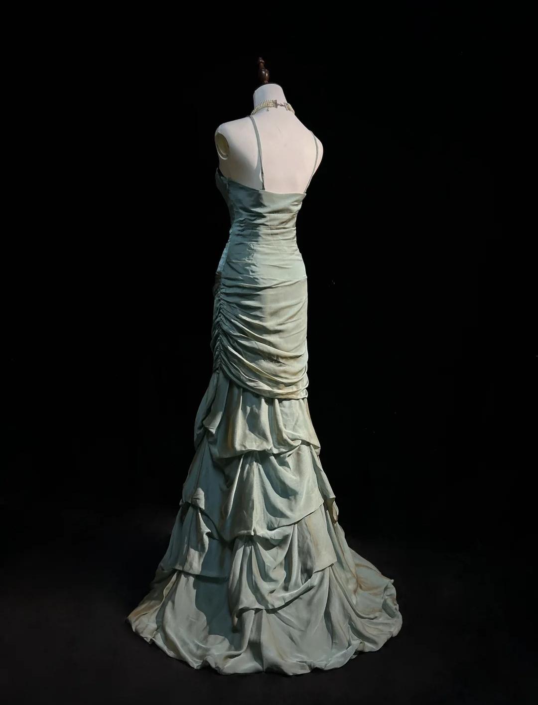 Forest Green Spaghetti Straps Mermaid Satin Long Prom Dresses Sweet 16 Formal Evening Dresses HZ1108