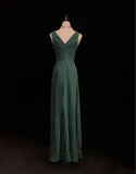 Simple Dark Green V-neck Chiffon A-Line Bridesmaids Dress, Elegant Evening Dress HZ1108
