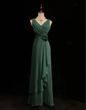 Simple Dark Green V-neck Chiffon A-Line Bridesmaids Dress, Elegant Evening Dress HZ1108