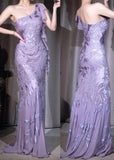 Elegant Vintage Purple One Shoulder Mermaid Chiffon Long Prom Dresses Evening Dresses with Beading HZ1108