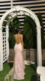 Sweet Pink Spaghetti Strap Mermaid Deep V Neck Tulle Applique Wedding Dress Backless Evening Dress HZ1108