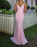 Sweet Pink Spaghetti Strap Mermaid Deep V Neck Tulle Applique Wedding Dress Backless Evening Dress HZ1108