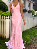 Sweet Pink Spaghetti Strap Mermaid Deep V Neck Tulle Applique Wedding Dress Backless Evening Dress HZ1108