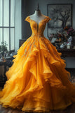 Gorgeous Yellow Deep V Neck Tulle A-Line Long Prom Dresses Unique Wedding Dress HZ1108