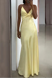 Sexy Yellow Backless Satin Sheath Spaghetti Strap V-Neck Party Dress Prom Dress HZ1108