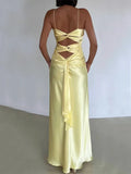 Sexy Yellow Backless Satin Sheath Spaghetti Strap V-Neck Party Dress Prom Dress HZ1108