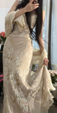 Vintage Apricot Spaghetti Strap Printed Chiffon Long Party Dress Elegant Evening Dress with Shawl HZ1108