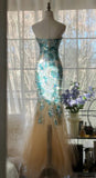 Elegant Blue Sweetheart Mermaid Tulle Evening Dresses Gorgeous Beaded Long Prom Dresses HZ1108