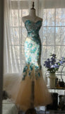 Elegant Blue Sweetheart Mermaid Tulle Evening Dresses Gorgeous Beaded Long Prom Dresses HZ1108