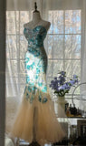 Elegant Blue Sweetheart Mermaid Tulle Evening Dresses Gorgeous Beaded Long Prom Dresses HZ1108