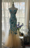 Elegant Blue Sweetheart Mermaid Tulle Evening Dresses Gorgeous Beaded Long Prom Dresses HZ1108
