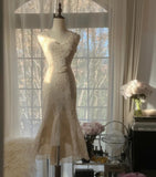 Gentle White V-neck Chiffon Lace Applique Short Party Dress Elegant Bridesmaids Dress Homecoming Dress HZ1108